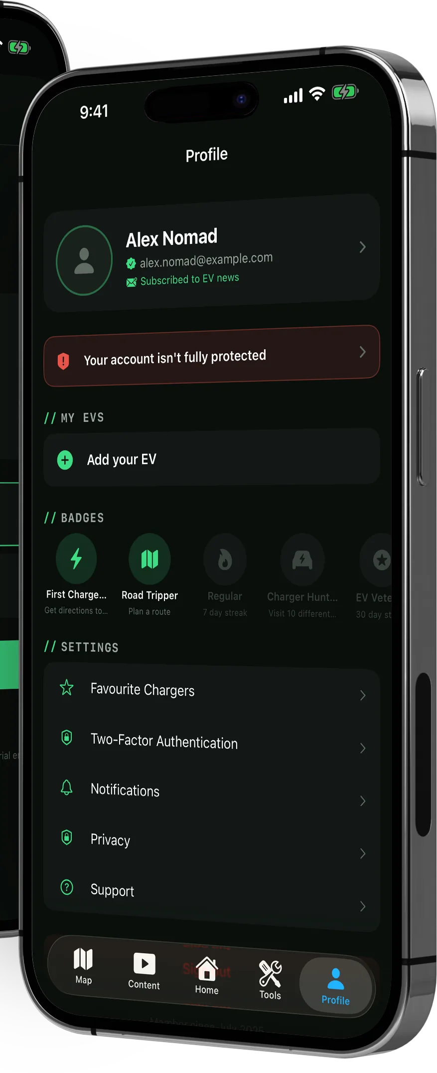 The Charge Nomad profile screen on an iPhone, showing the account, badges and settings including privacy and support