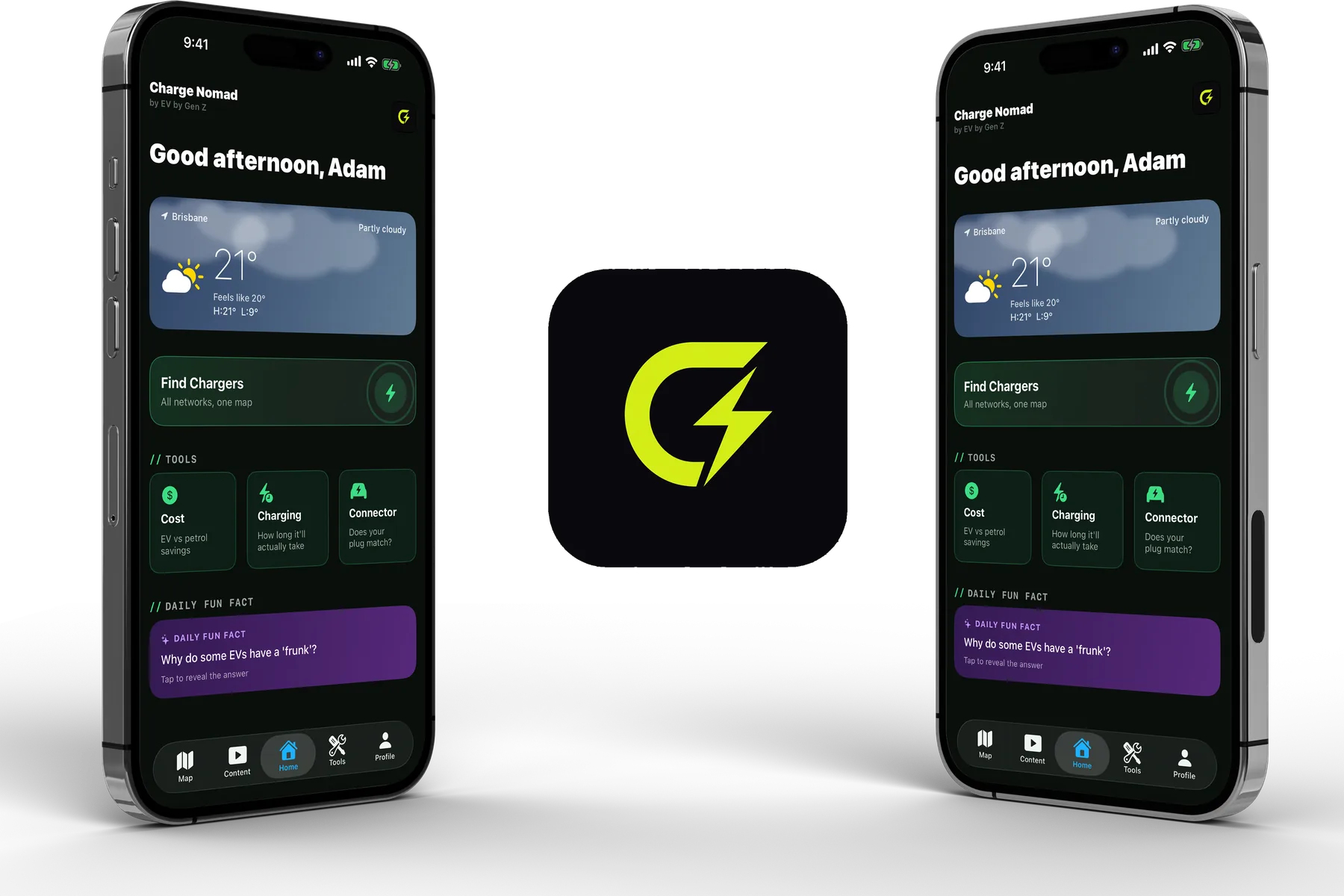 Two iPhones showing the Charge Nomad home screen either side of the Charge Nomad app icon